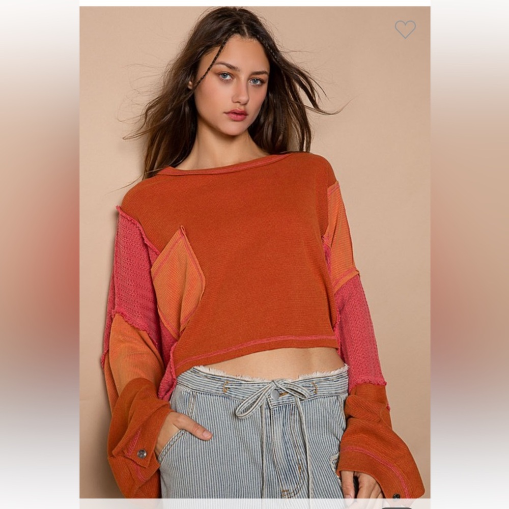 #161 POL OVERSIZED CUT SEW MIXED FABRIC ROUND NECK TOP